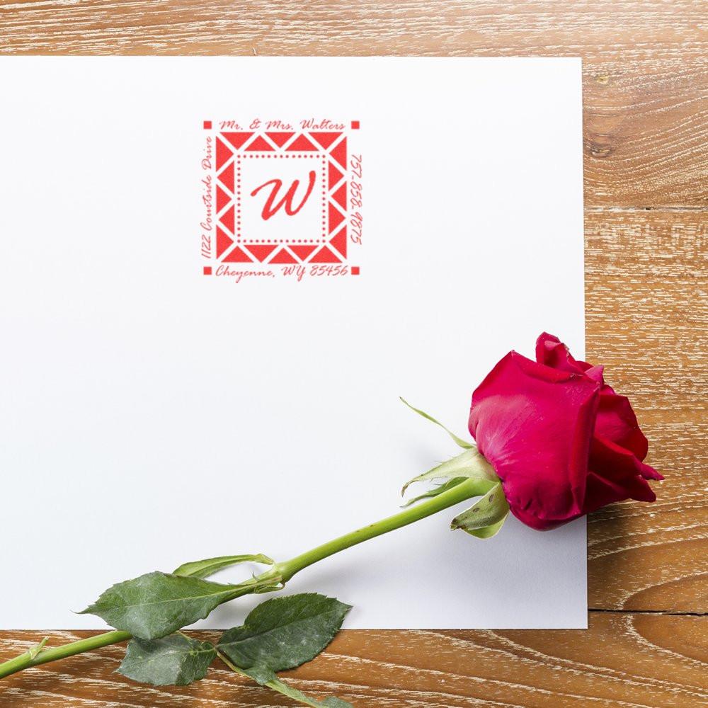 Personalized monogram return address rubber stamp for wedding stationery with a red rose.