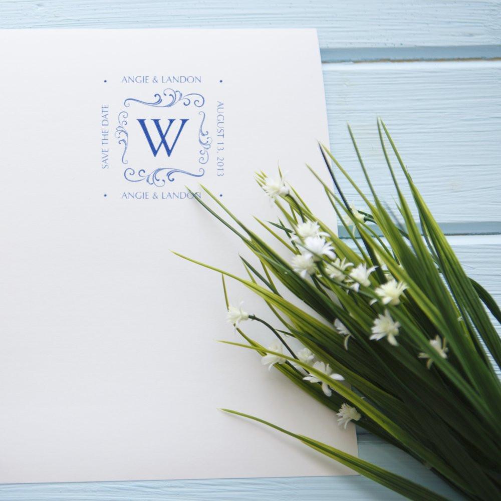 Wedding rubber stamp with monogram W on a save the date card for Angie & Landon, August 13, 2013.