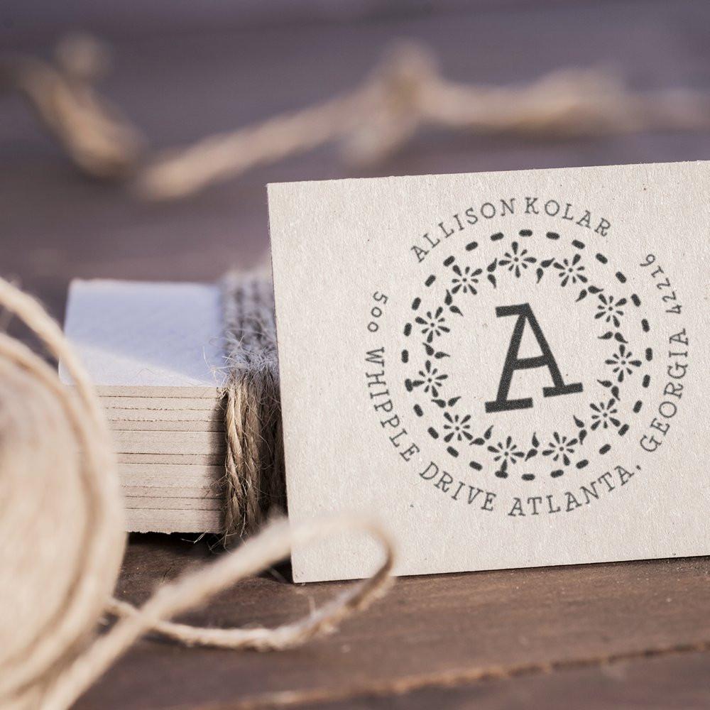 Custom return address rubber stamp with monogram A and floral wreath for Allison Kolar in Atlanta, Georgia.