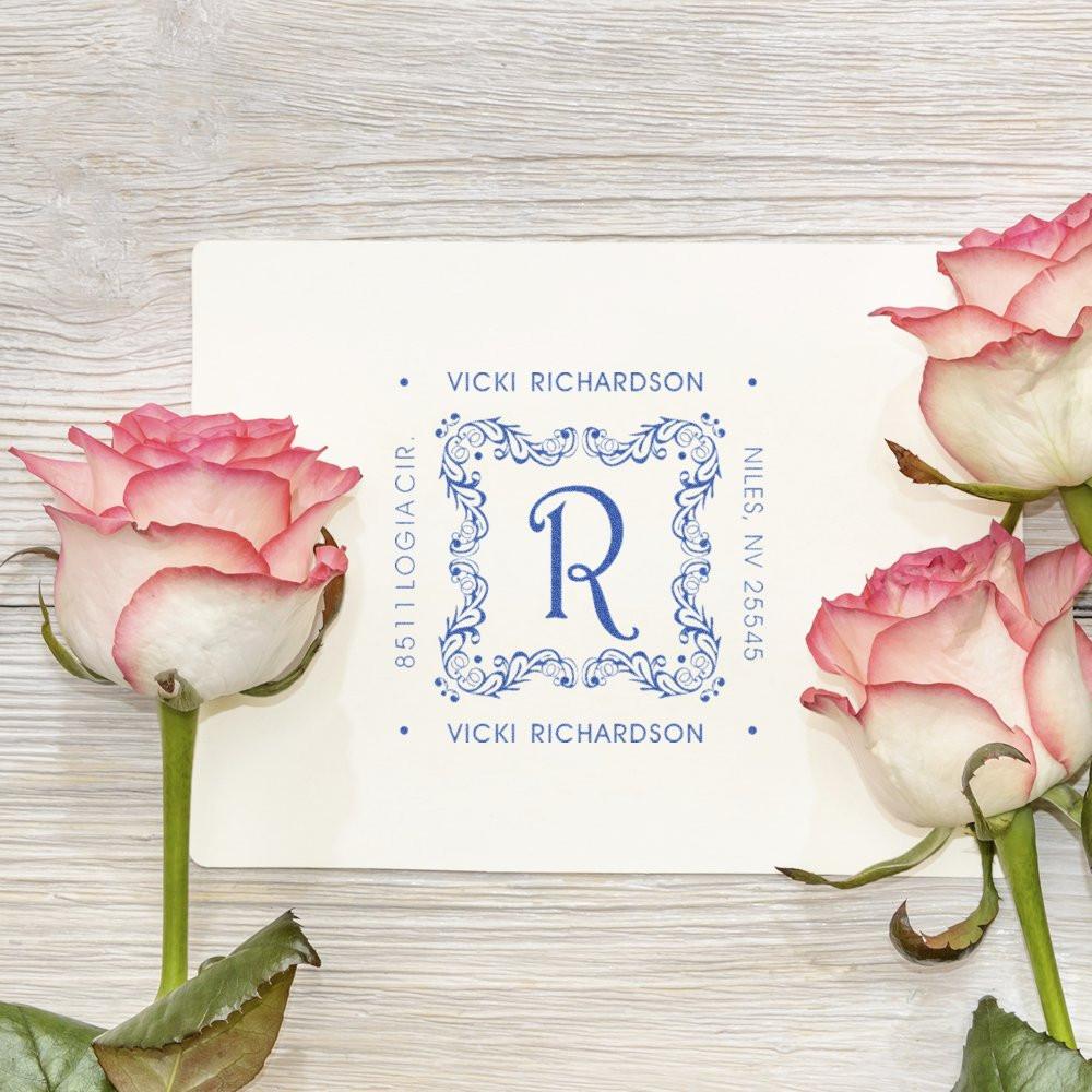 Custom return address rubber stamp with monogram R, Vicki Richardson, and pink roses on a white card.