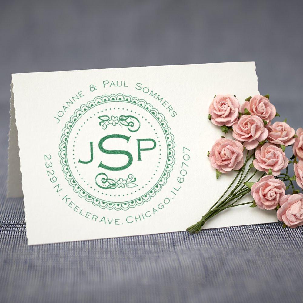 Monogrammed stationery card for Joanne & Paul Sommers with JSP initials and pink roses, Chicago address and wedding date