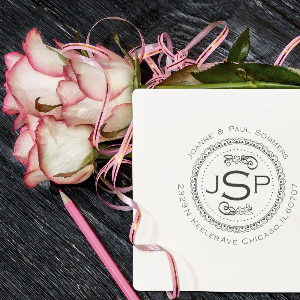 JSP business card for Joanne & Paul Sommers with pink satin ribbon and white roses on rustic wood, wedding stationery branding card.