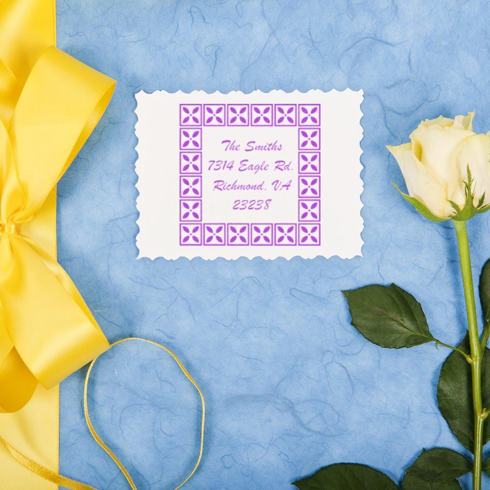 Personalized mail address label for The Smiths, Richmond VA 23238, on card with yellow envelope and white rose.