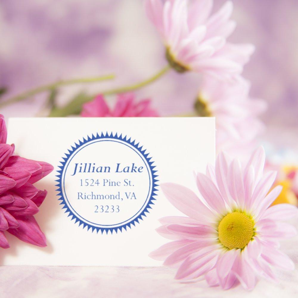 Custom round floral return address rubber stamp for wedding invitations, featuring personalized name and Richmond, VA address.