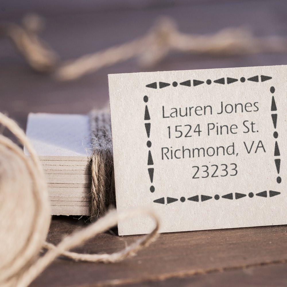 Personalized address rubber stamp with decorative border, ideal for wedding invitations and envelope mailing.