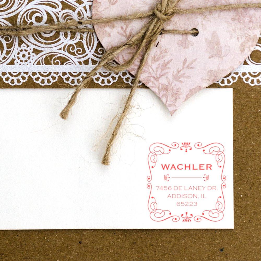 Custom return address rubber stamp on elegant envelope for wedding invitations and stationery