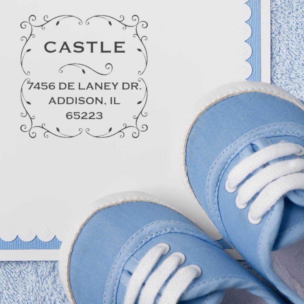 Custom address rubber stamp with ornate frame for baby shower stationery, invitations, and thank-you cards.