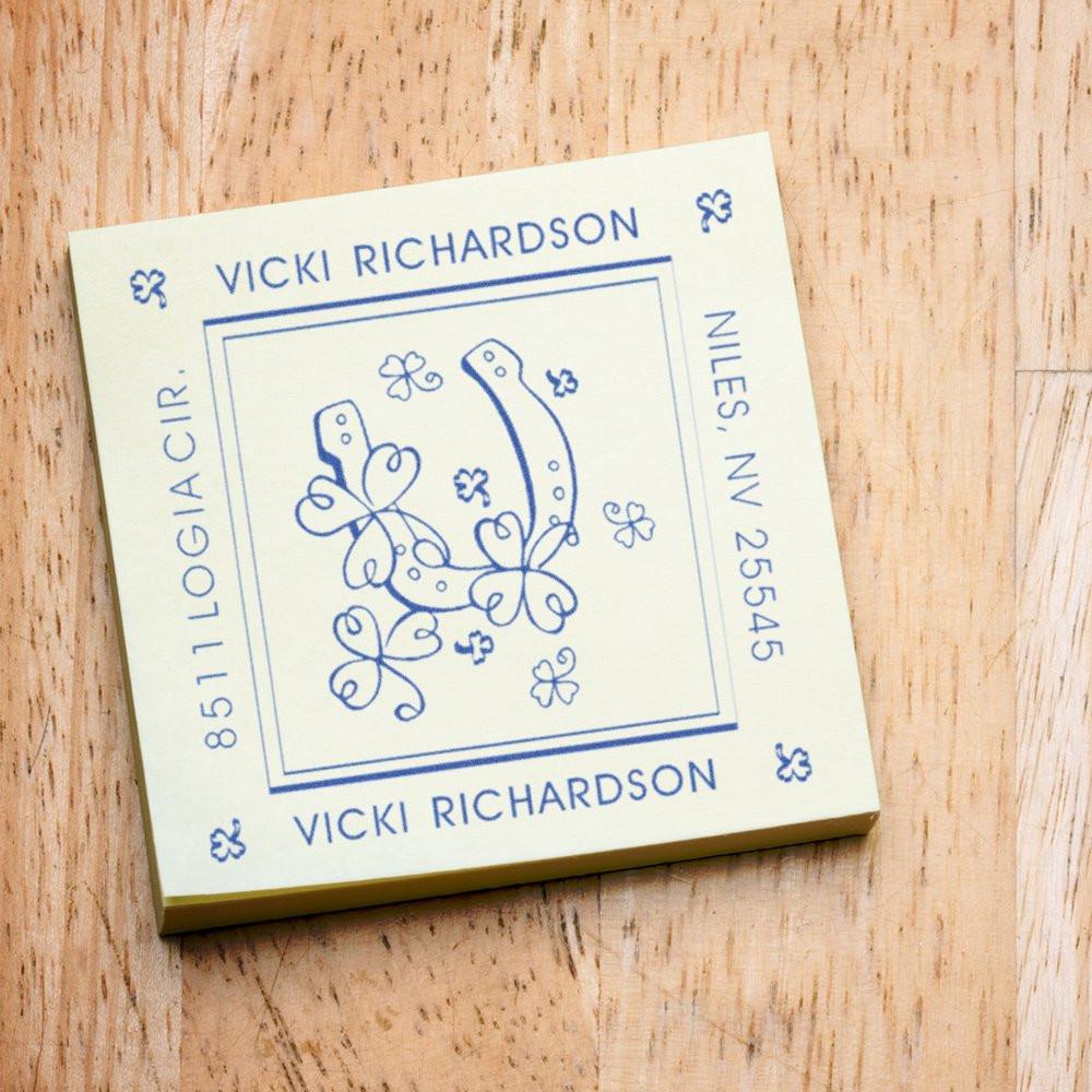 Custom rubber address stamp for Vicki Richardson in Niles, NV with decorative clover monogram design.