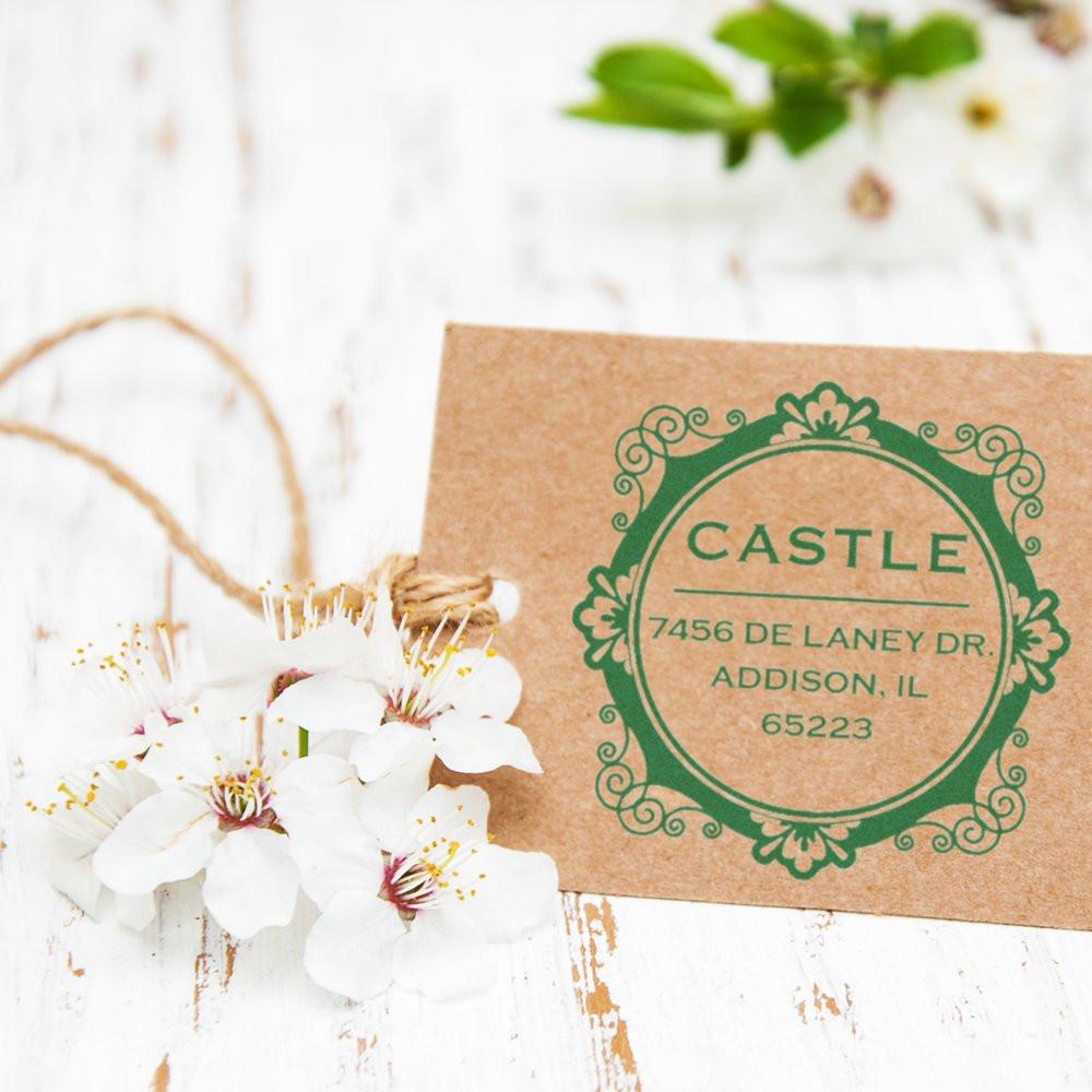 Personalized return address rubber stamp for envelopes on kraft card with floral accents