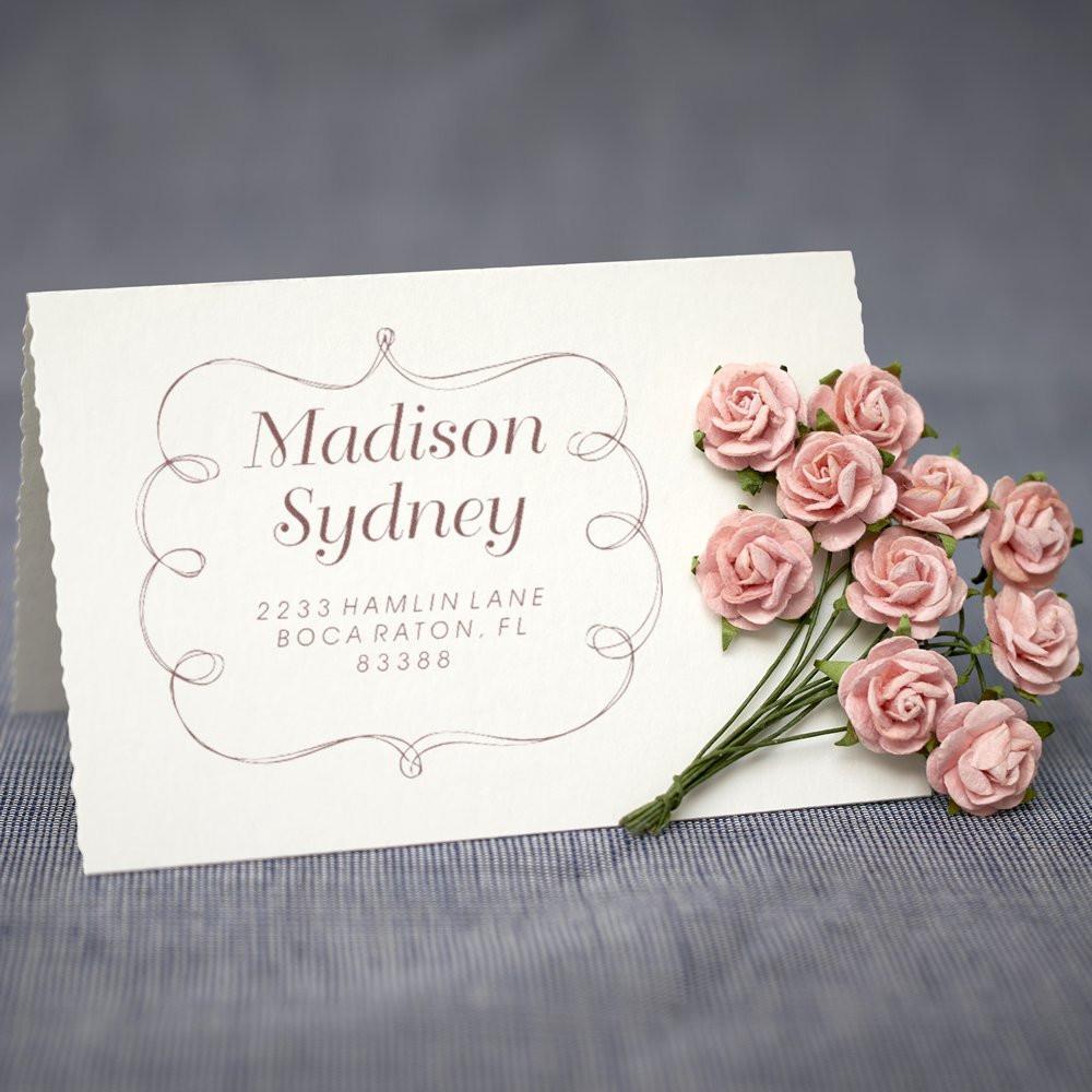 Personalized note card for Madison Sydney with mailing address and pink roses bouquet beside it for a wedding or thank-you gift