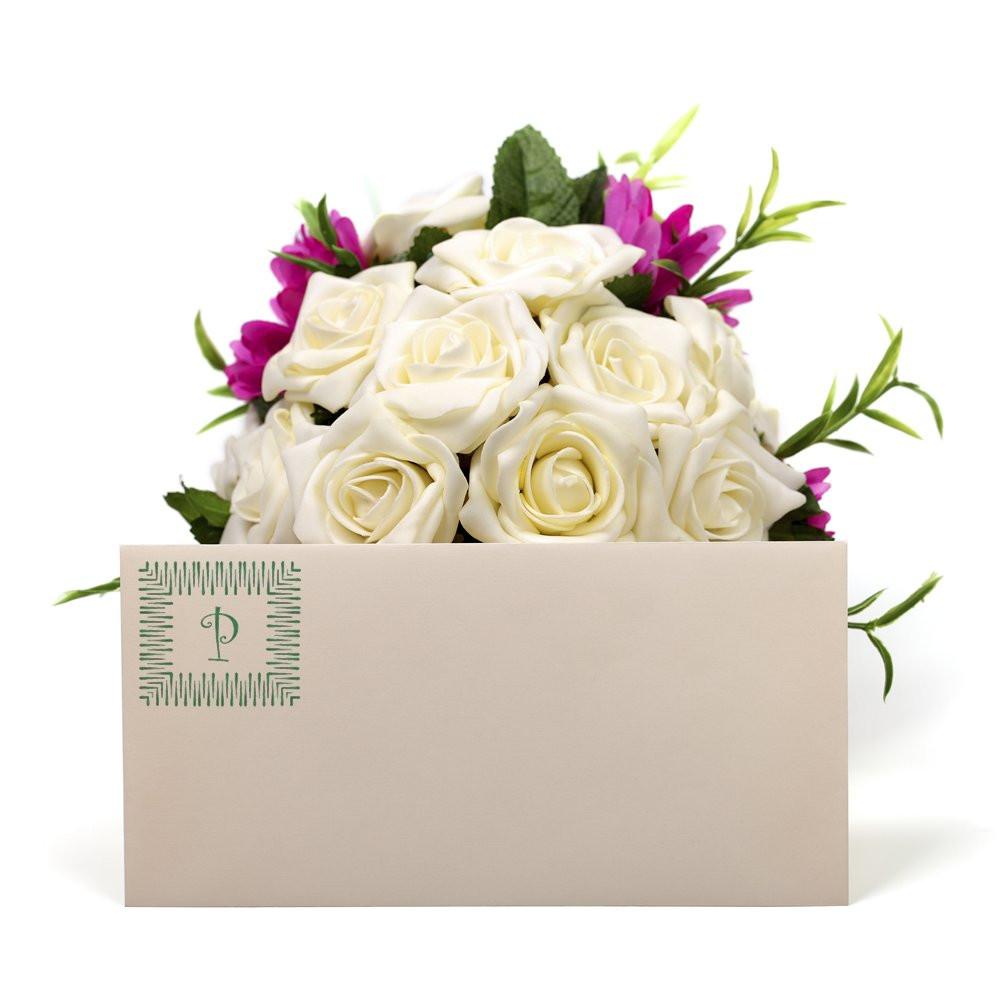 White rose and purple flower bouquet in a white gift box with green monogram, ideal for Valentines Day, anniversary, or wedding