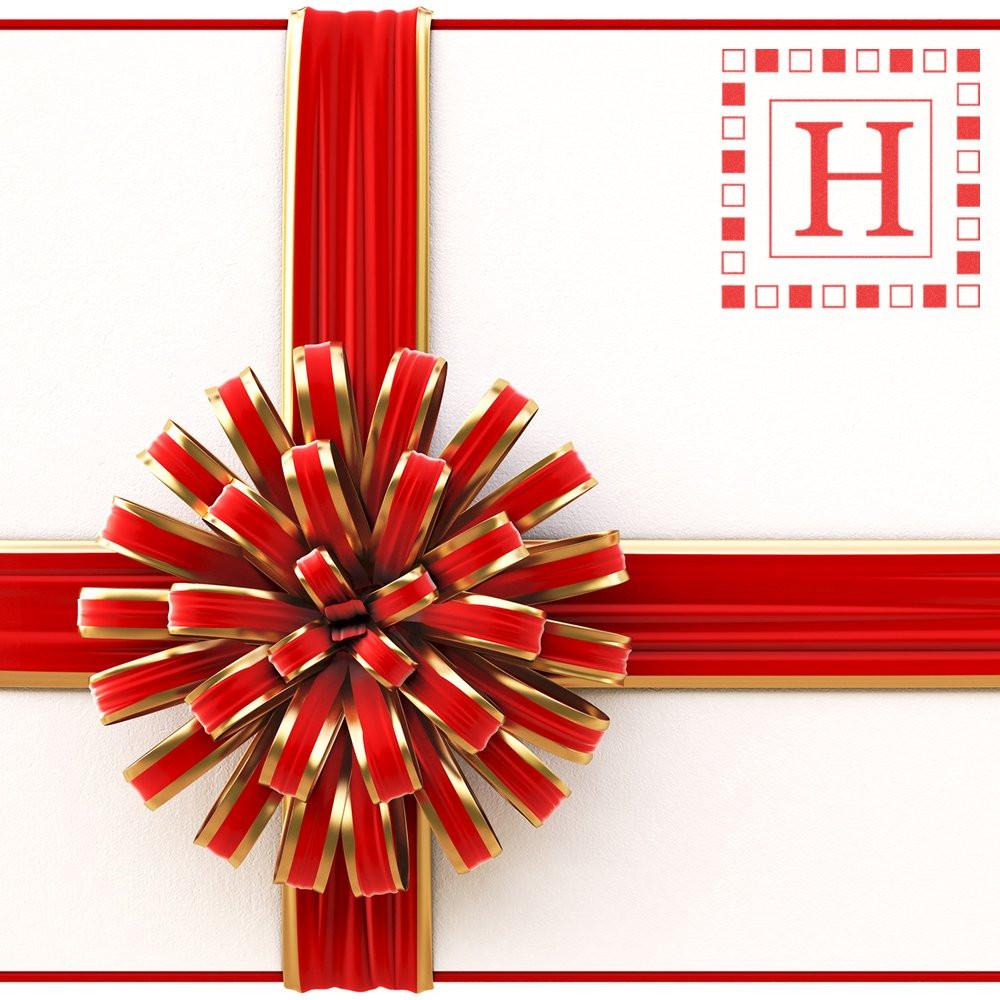 Red and gold ribbon gift certificate rubber stamp design with monogram H and decorative bow