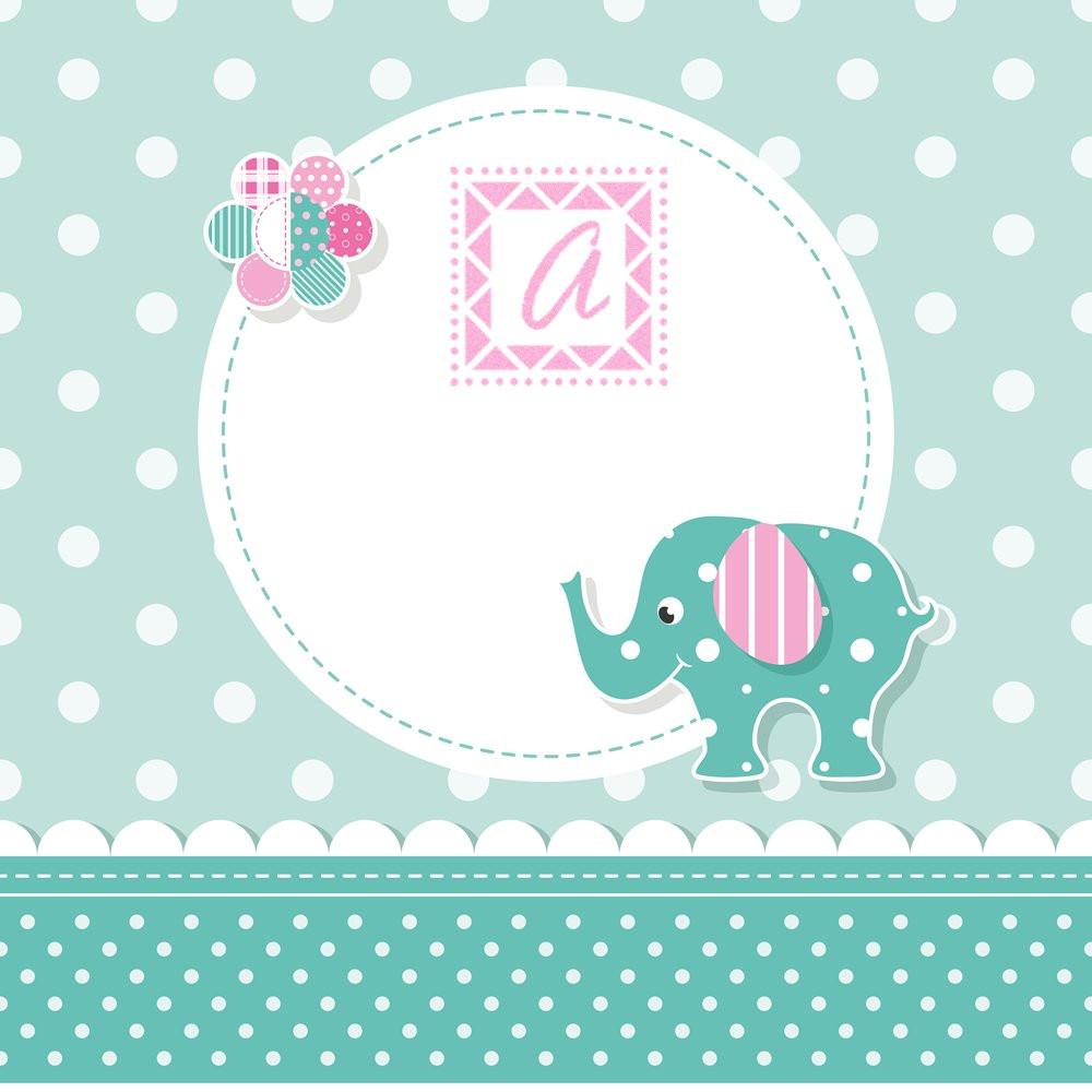 Baby shower rubber stamp design with teal elephant, pink monogram initial, and polka dot border