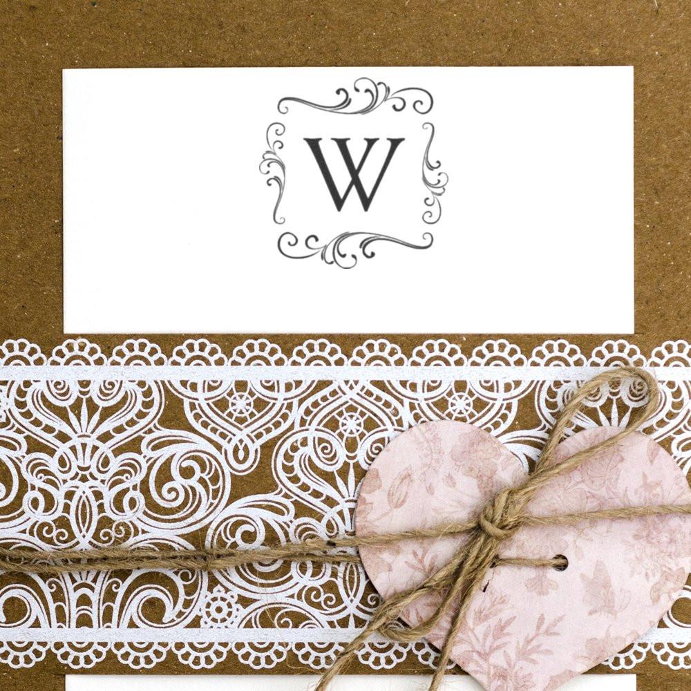 Monogram W rubber stamp design for wedding invitations, gift tags and handmade stationery with elegant vintage flourishes.