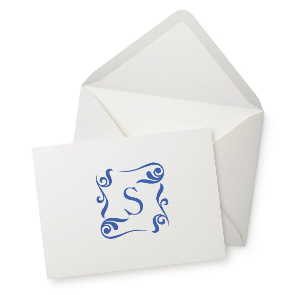 White open envelope with blue ornamental S emblem for branded correspondence, direct mail and letter delivery marketing campaign.