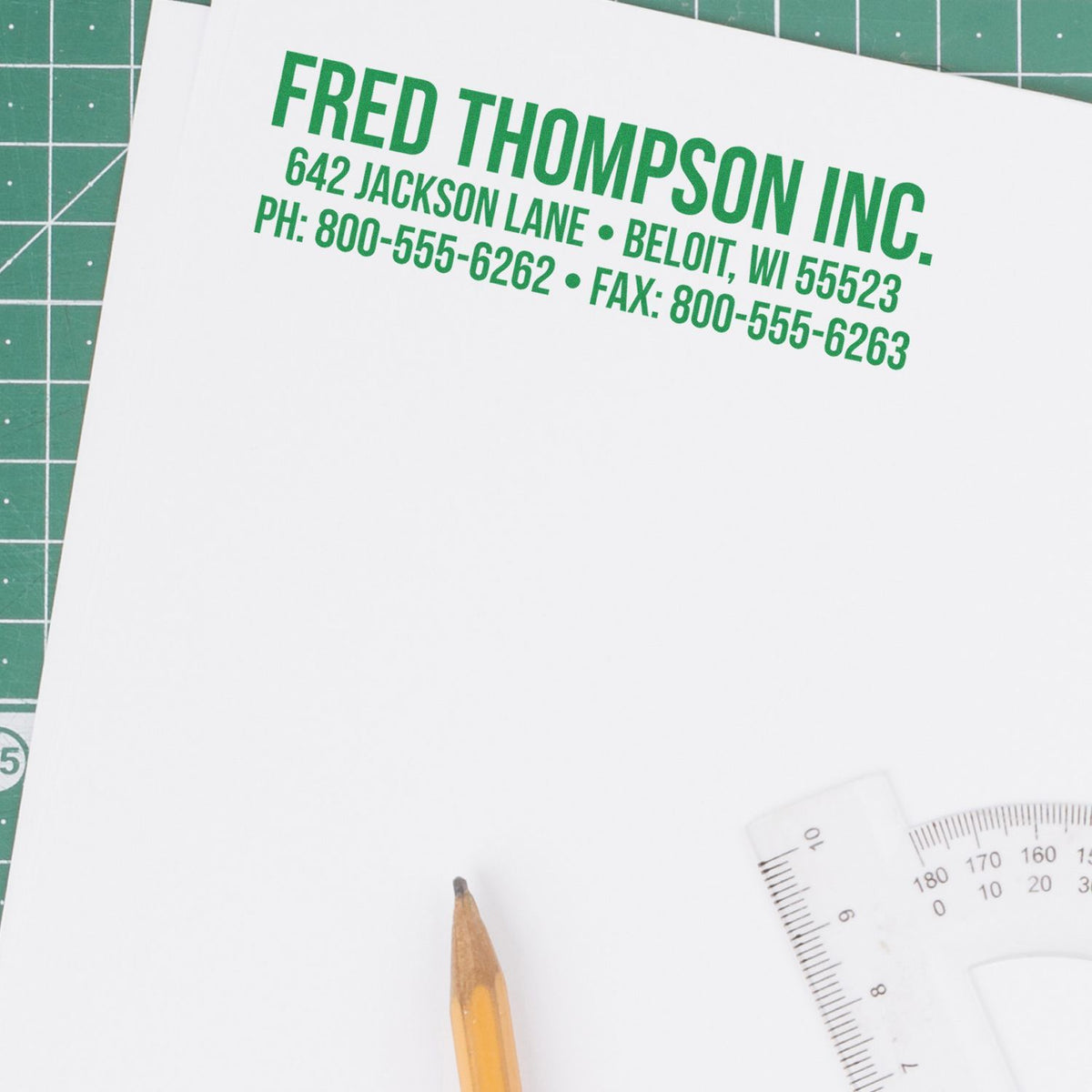 FRED THOMPSON INC. contact card with phone 800-555-6262, fax 800-555-6263, 642 Jackson Lane, Beloit WI 53523