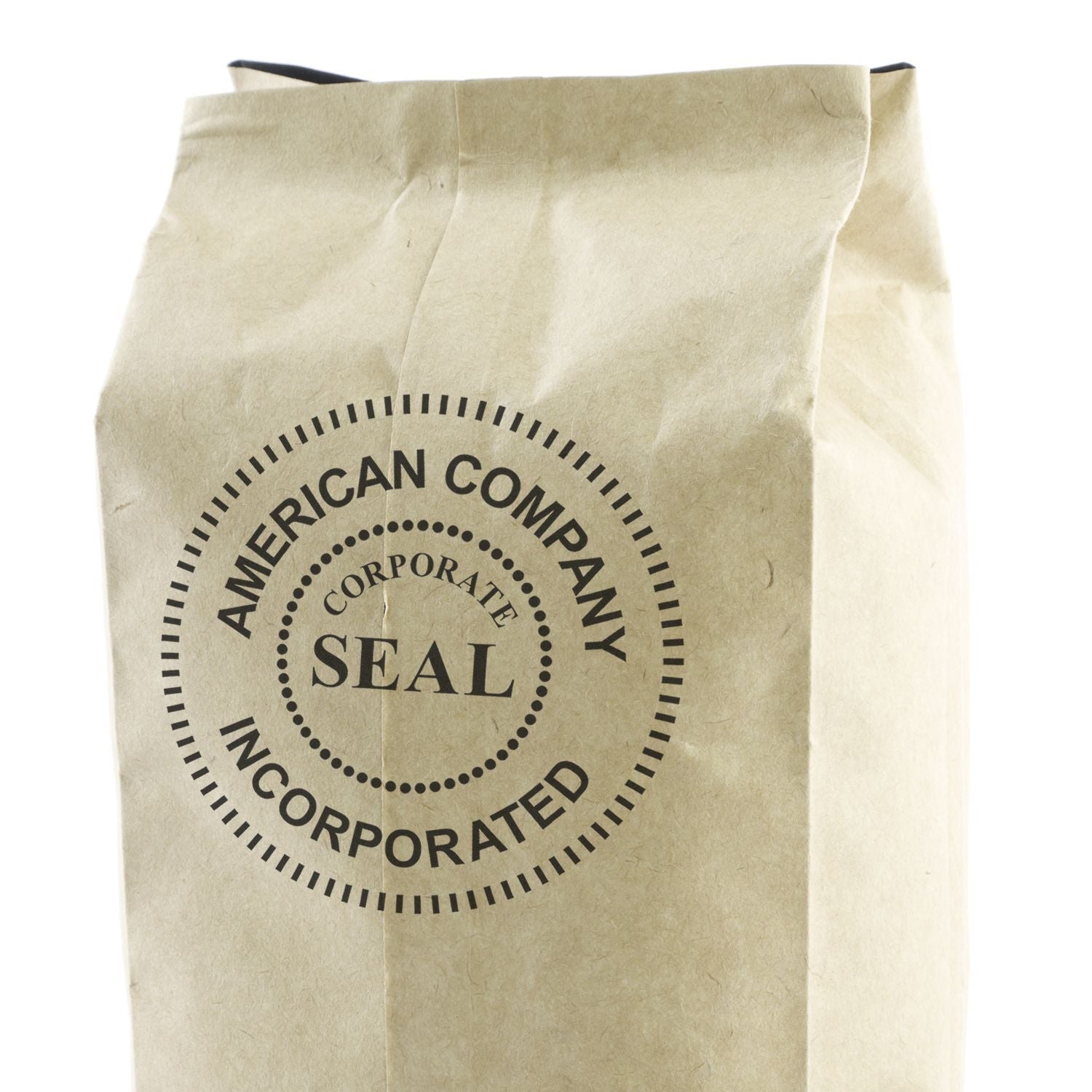 Kraft paper bag with American Company corporate seal stamp for branded packaging and shipping.