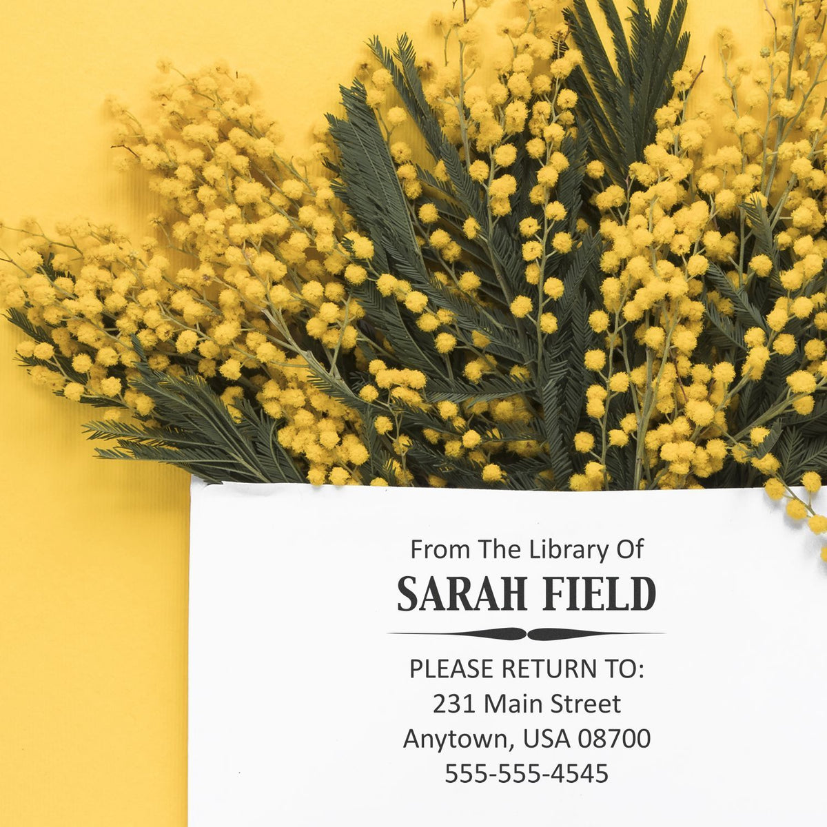 Mimosa flowers backdrop with book return label: From Sarah Field, return to 231 Main Street, AnyTown, USA 08700.