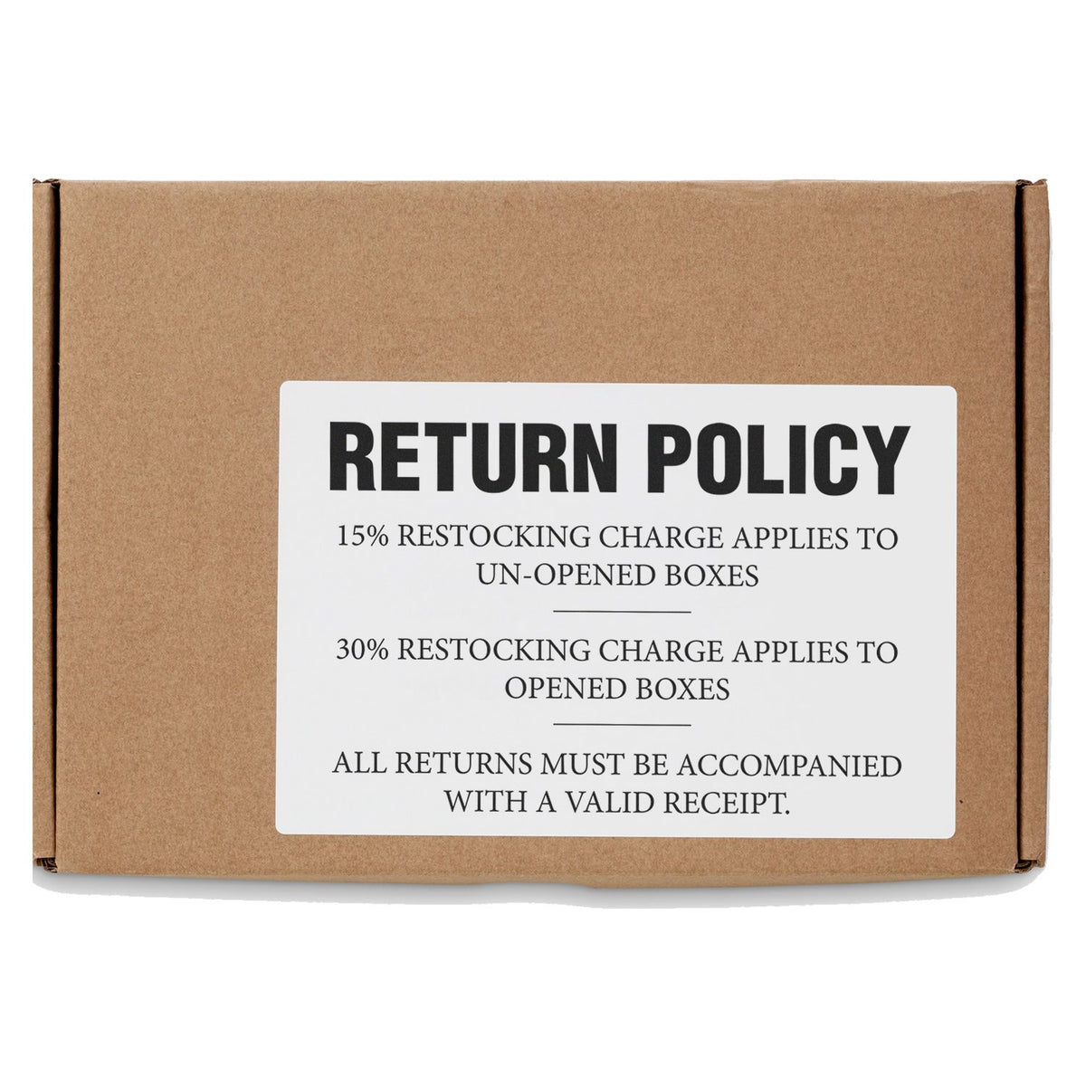 Return policy on a shipping box: 15% restocking fee for unopened, 30% for opened items, and all returns need a valid receipt.