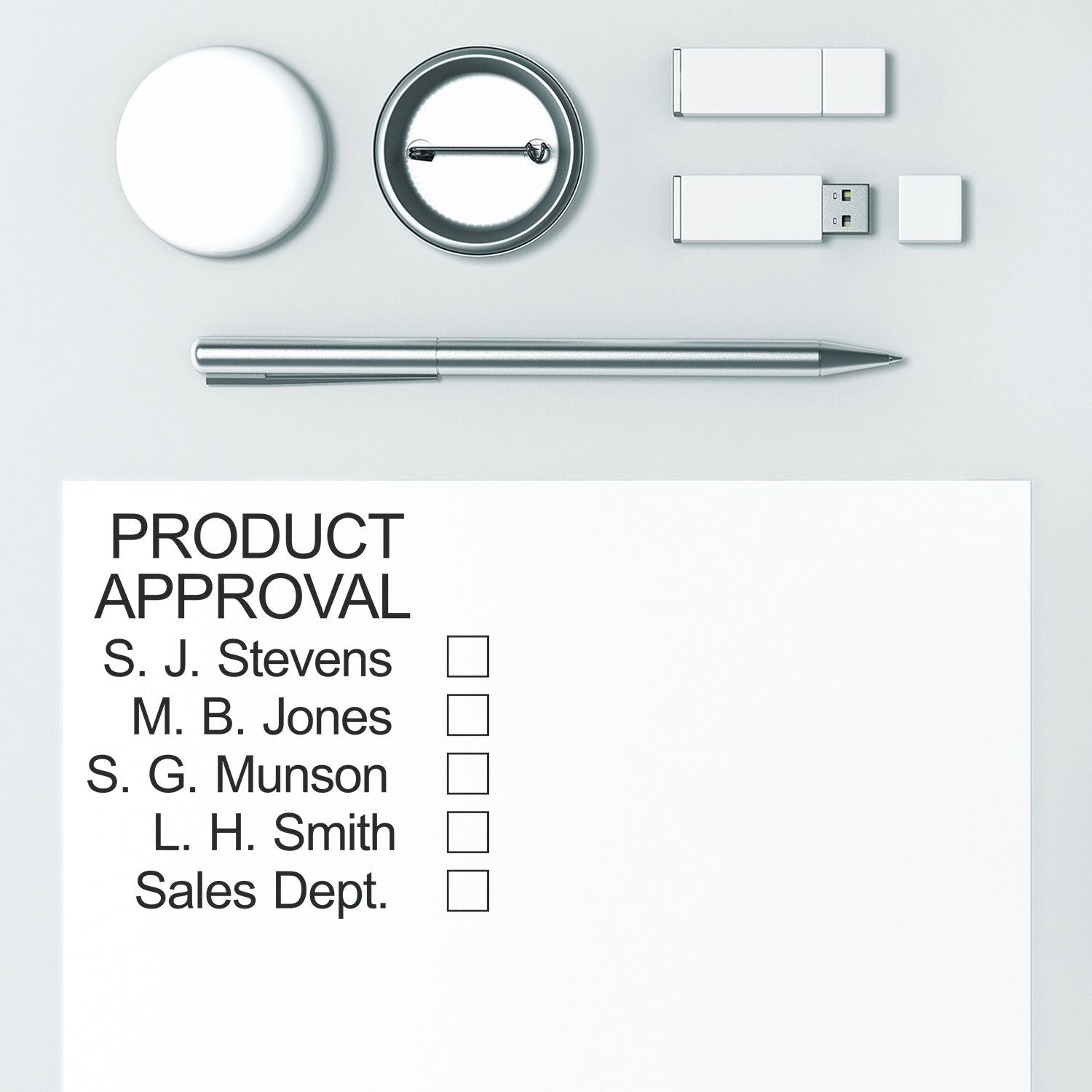 Product approval form graphic with checklist, office supplies icons, and names for S. J. Stevens and Sales Dept.