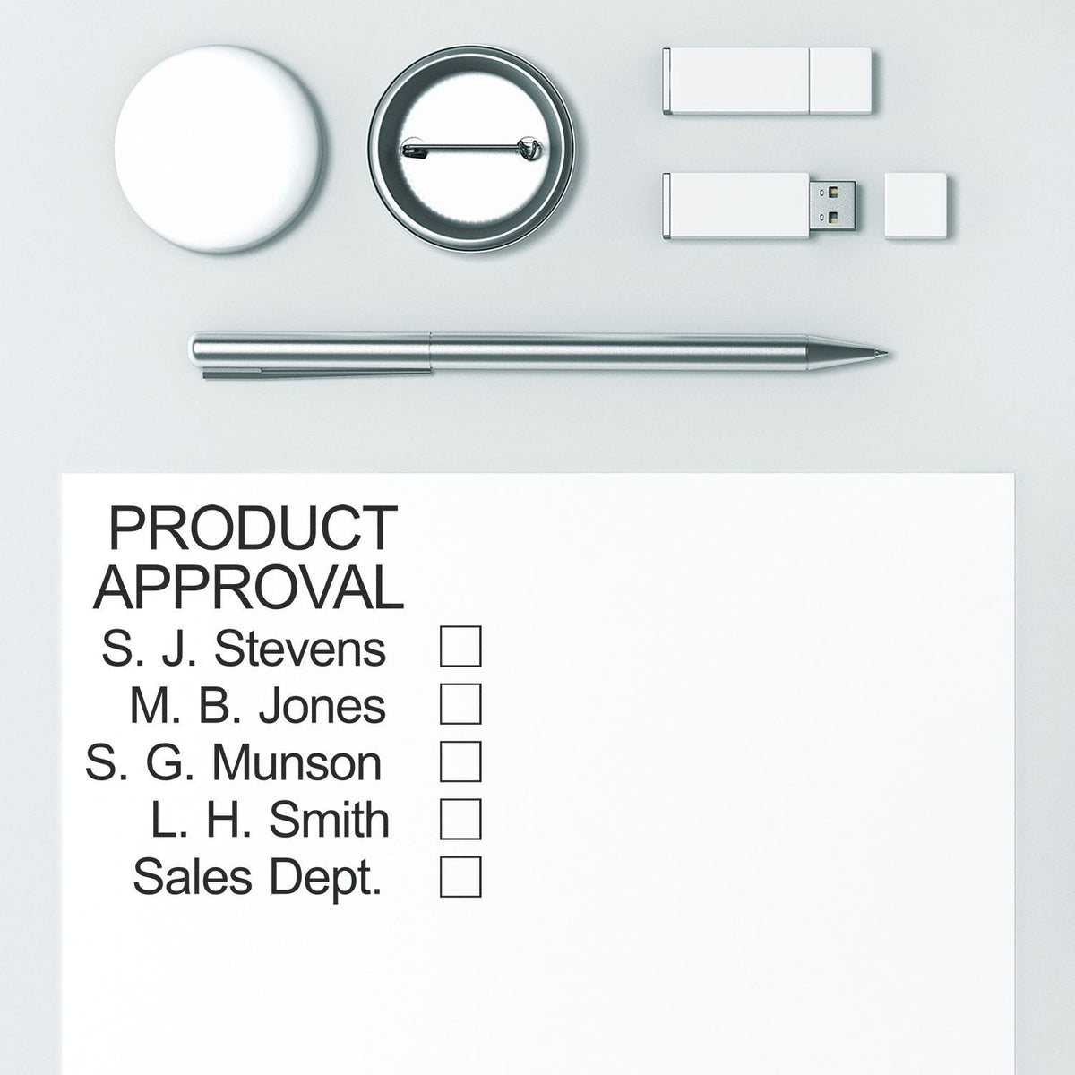 Product approval form with names and checkboxes, shown with office supplies like pen, USB, and magnifying glass for sales sign-off.