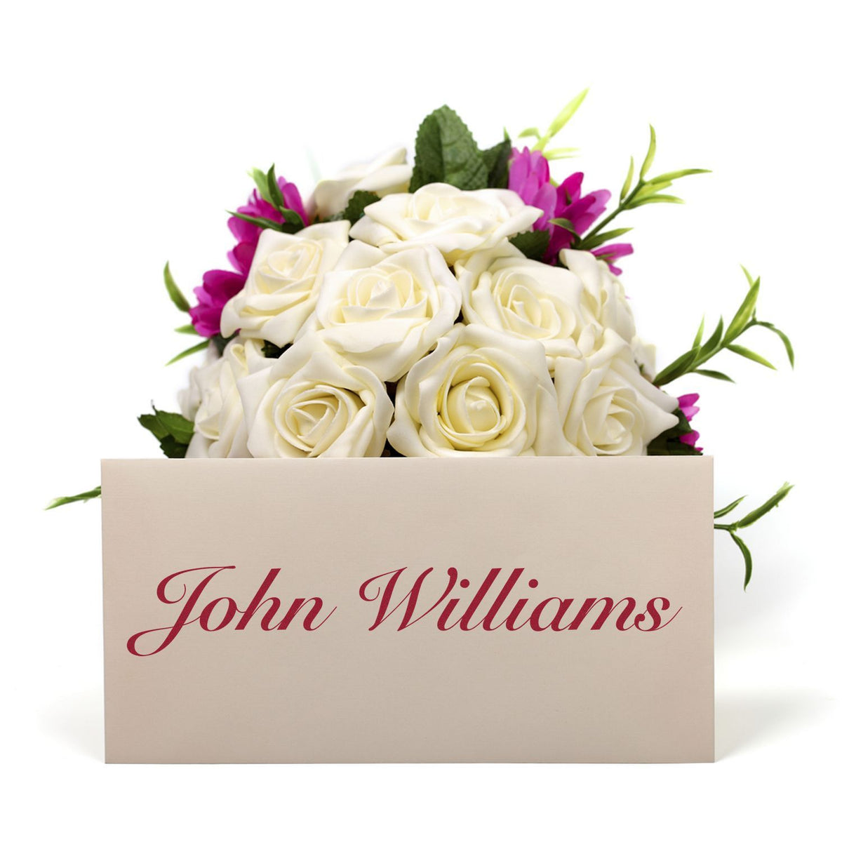 John Williams flower gift box with cream white roses and purple blooms on clean white background