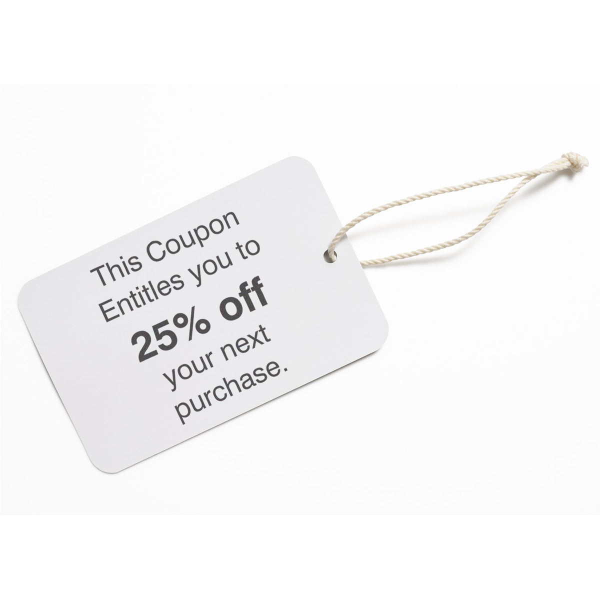 White discount coupon tag with 25% off your next purchase isolated on a clean background.