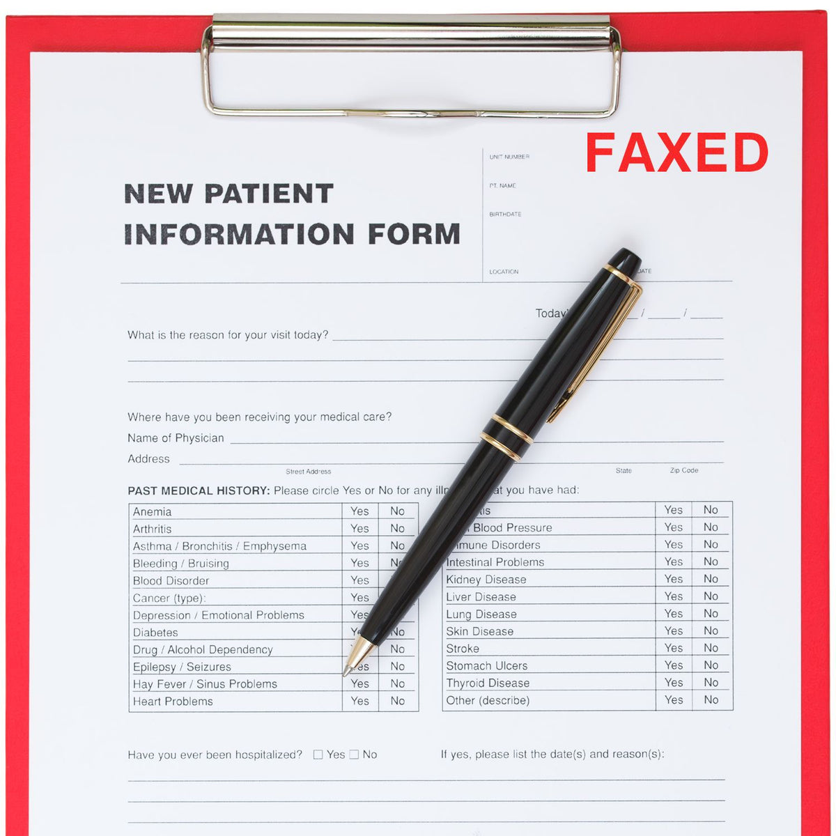 New patient information form marked FAXED with pen on medical paperworkillustrating completed patient intake and fax transmission.