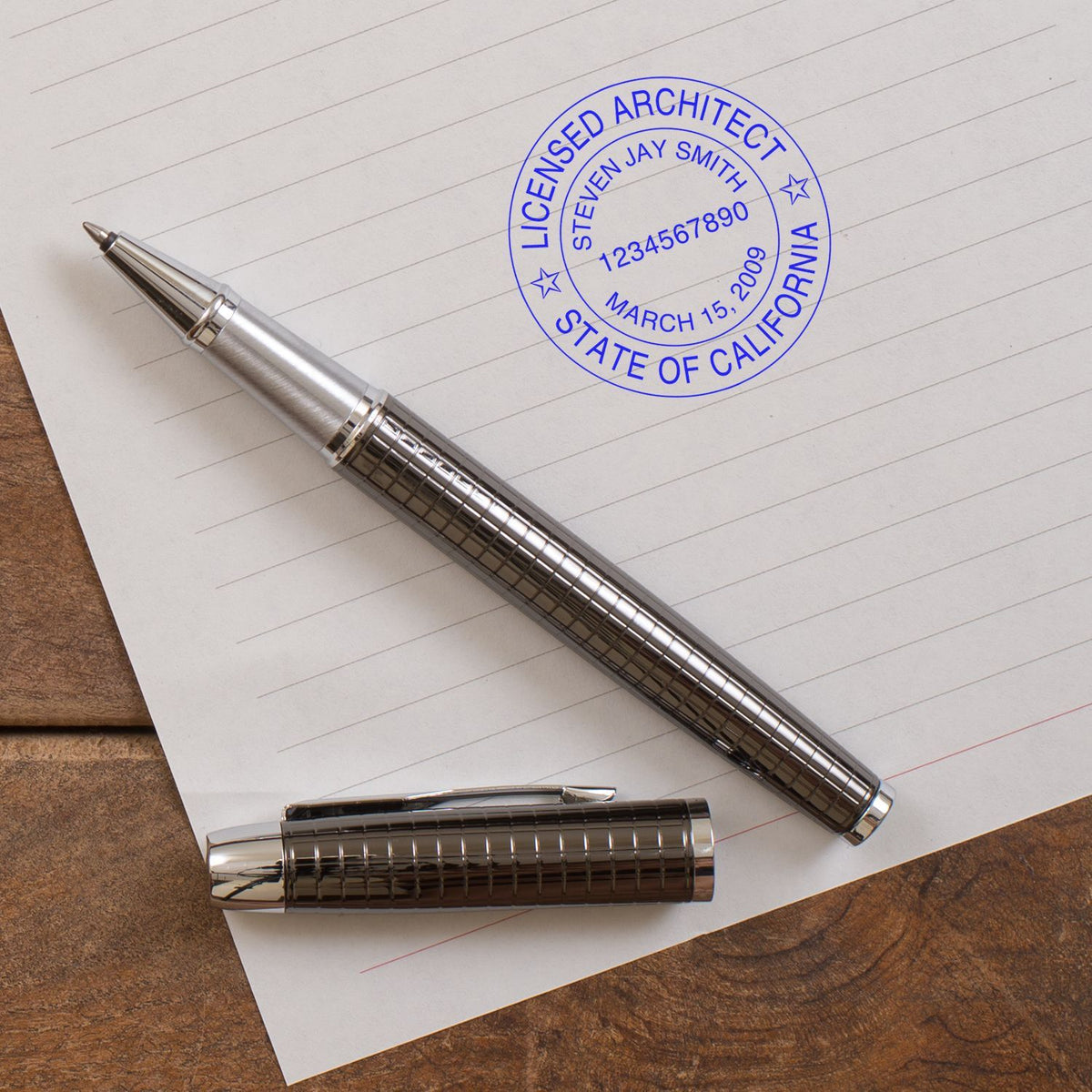 Licensed architect stamp on a California document with pen, showing verified professional licensing credentials for architecture work.