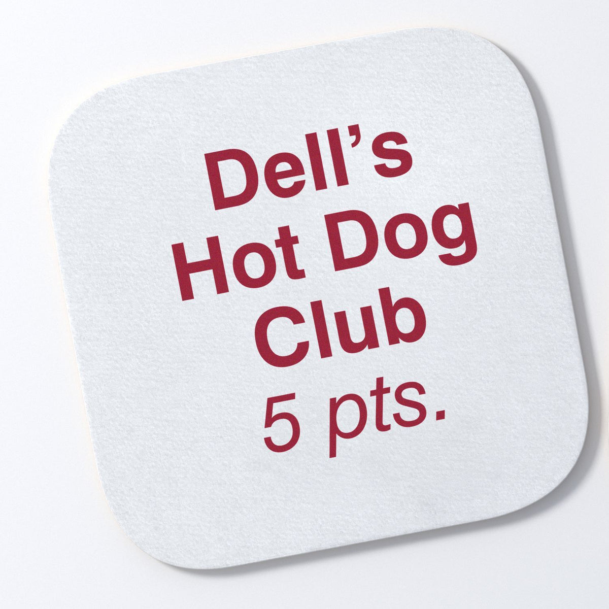 Dells Hot Dog Club badge with text 5 pts for hot dog rewards on white card.