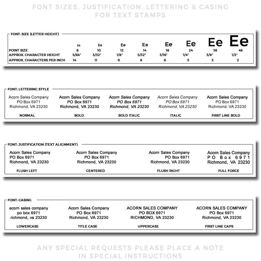 Font sizes, lettering styles, justification and casing guide for text stampsAcorn Sales Company examples and measurements.