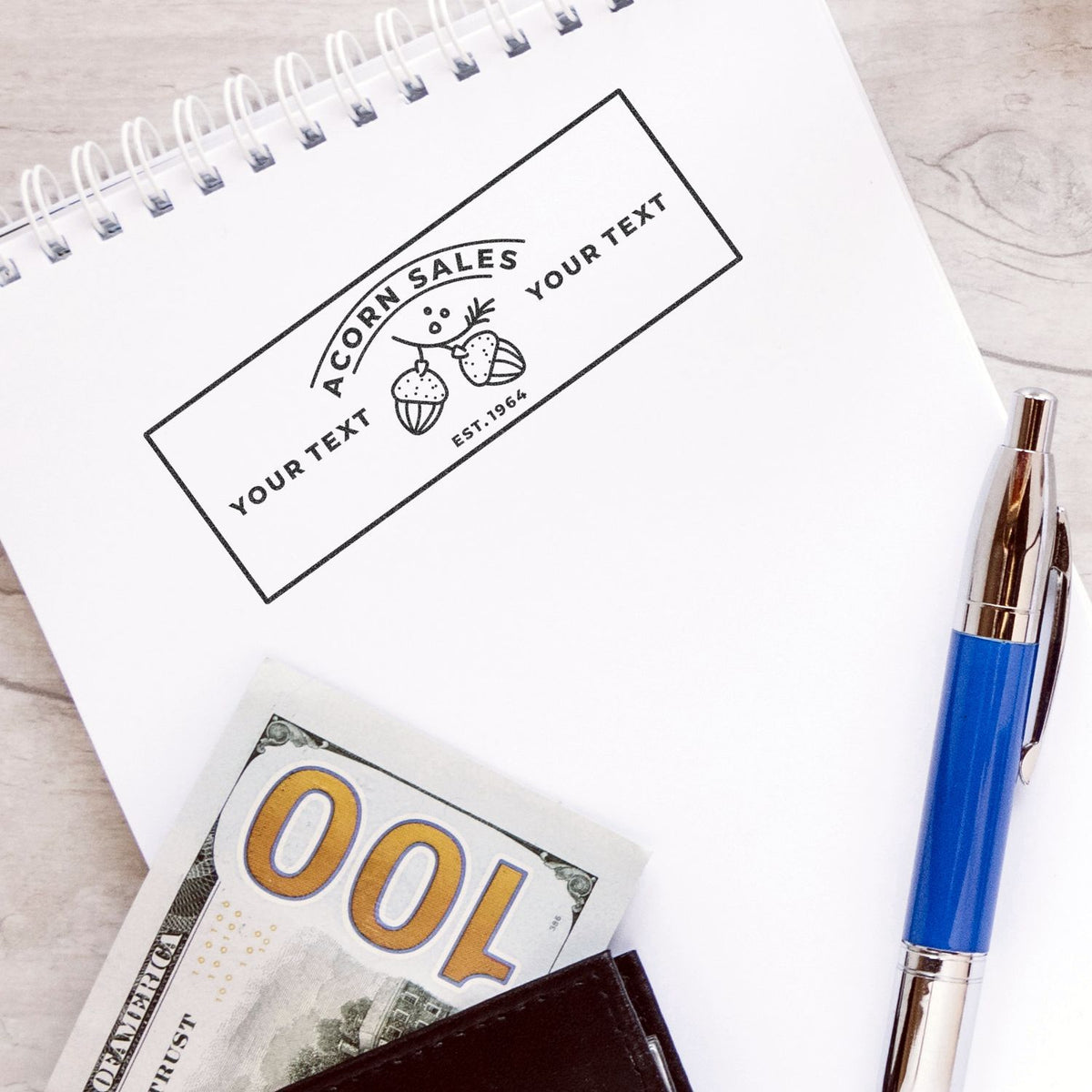 Close-up of a spiral notebook mockup with custom logo ORGIN SALES and YOUR TEXT branding for marketing and promotion.