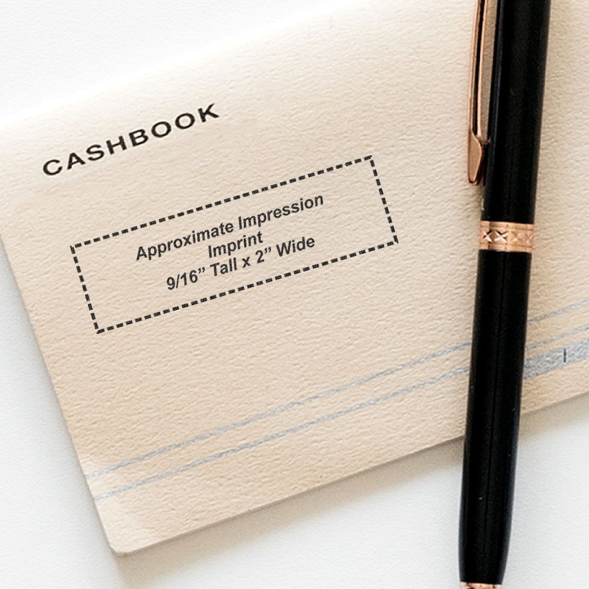 Cashbook branding imprint area shown with pen: approximate 9/16-inch tall by 2-inch wide imprint for personalization