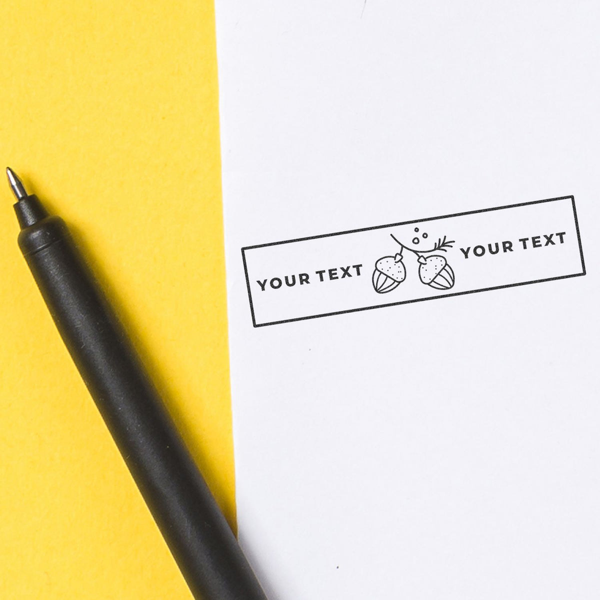 Marker pen beside a customizable 'YOUR TEXT' label template for personalized greetings on a yellow-and-white background.
