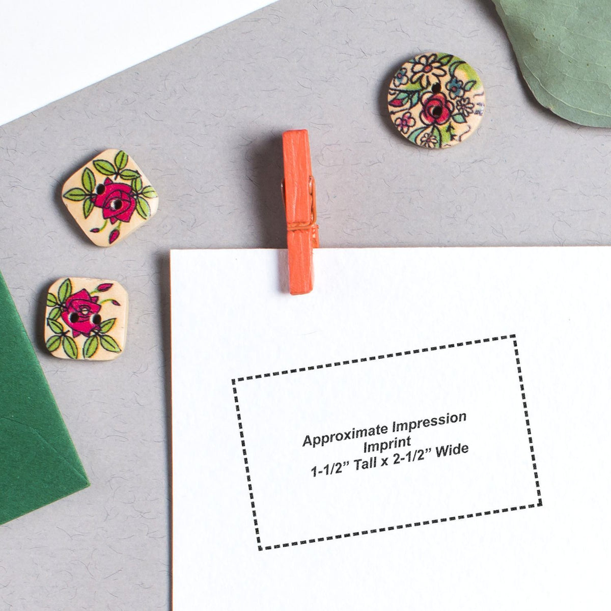 Floral wooden stamp with colorful rose design showing approximate imprint size for craft card making, 1-1/2 in tall x 2-1/2 in wide