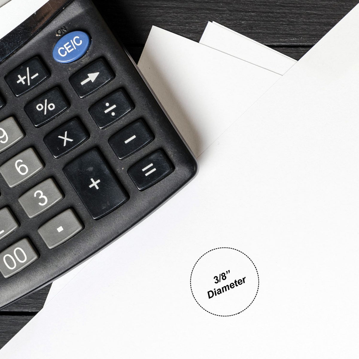 Close-up of CEIC calculator next to paperwork, highlighting 3/8-inch diameter specification label for product sizing.