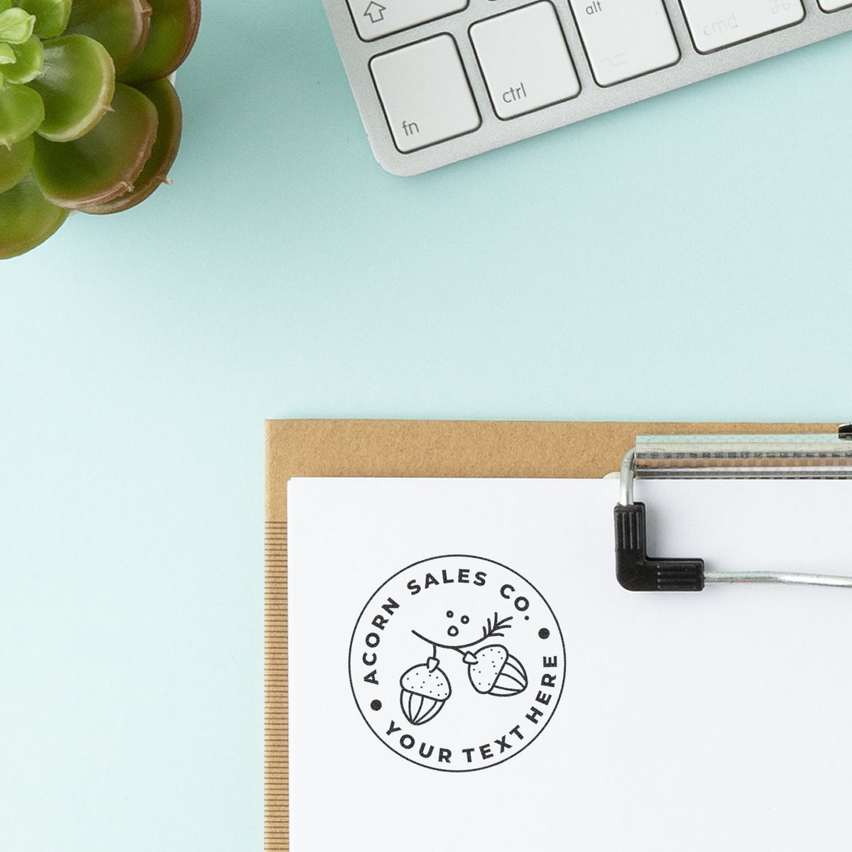 Action Sales Co. stamp on paper with keyboard and leaves, branding marketing template for your custom text