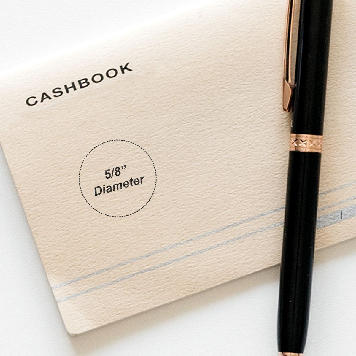 CASHBOOK label showing 5/8-inch diameter rod for secure cashbook display mounting