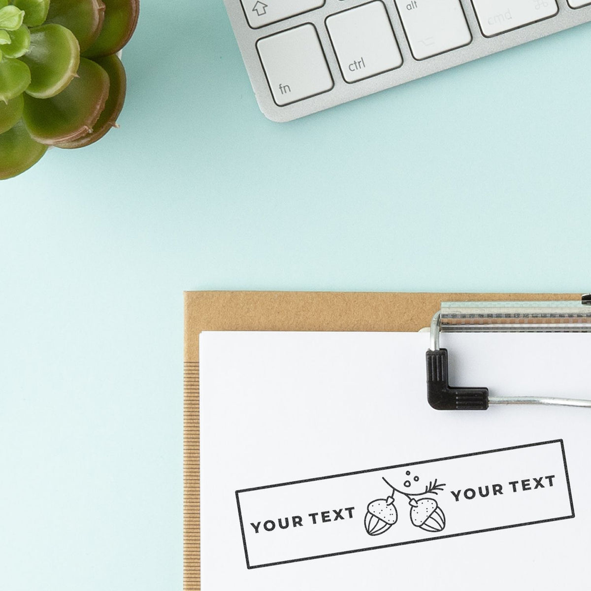Flat lay workspace with laptop keyboard, notebook and strawberries border label, placeholder for custom text and SEO writing copy.