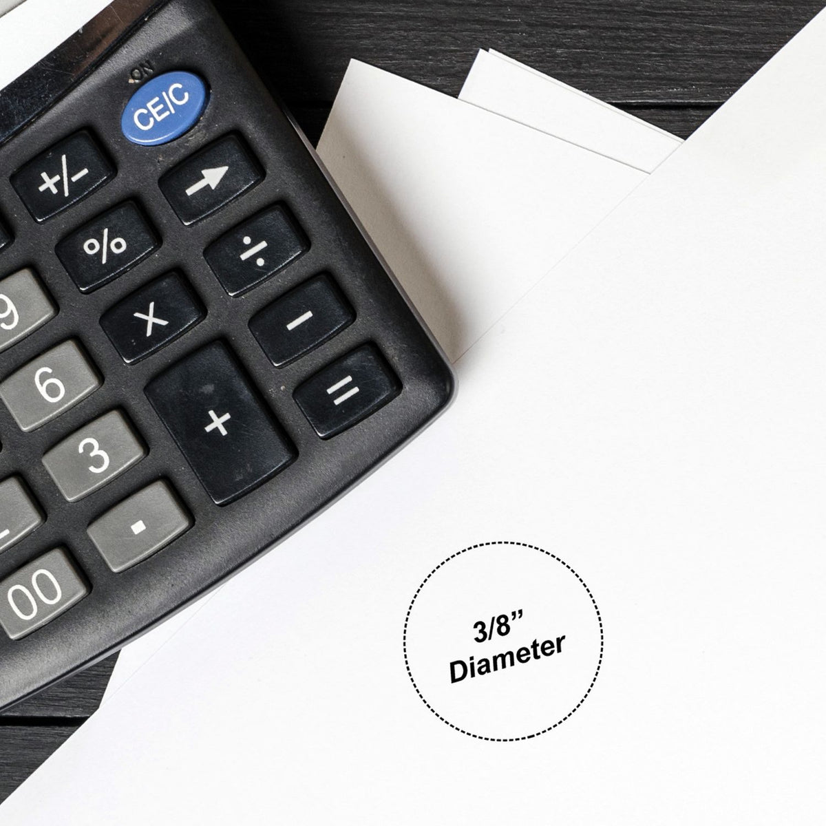 Calculator beside 3/8-inch diameter measurement label on paper, emphasizing a parts size specification.