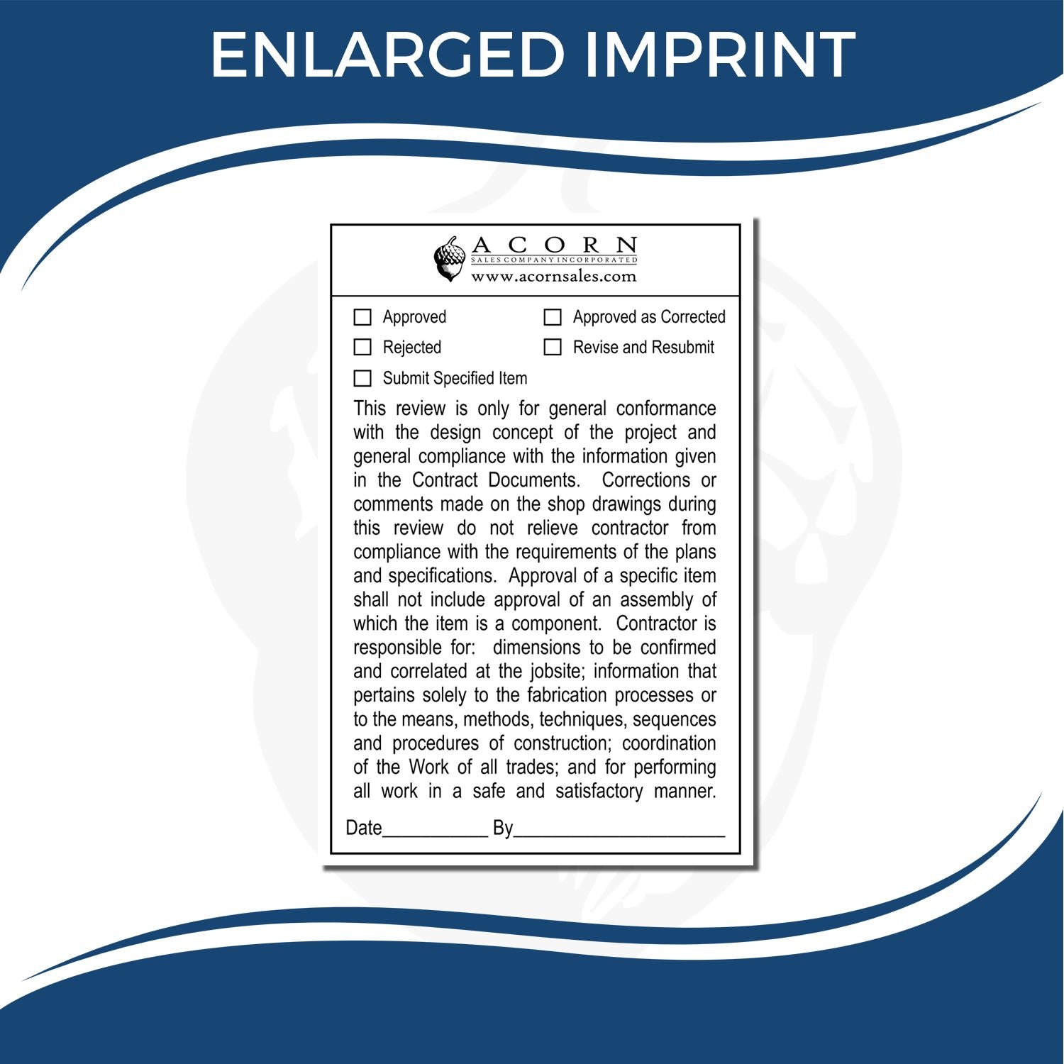 Enlarged imprint form template with approval checklist, review comments, and date signature fields for construction documents.