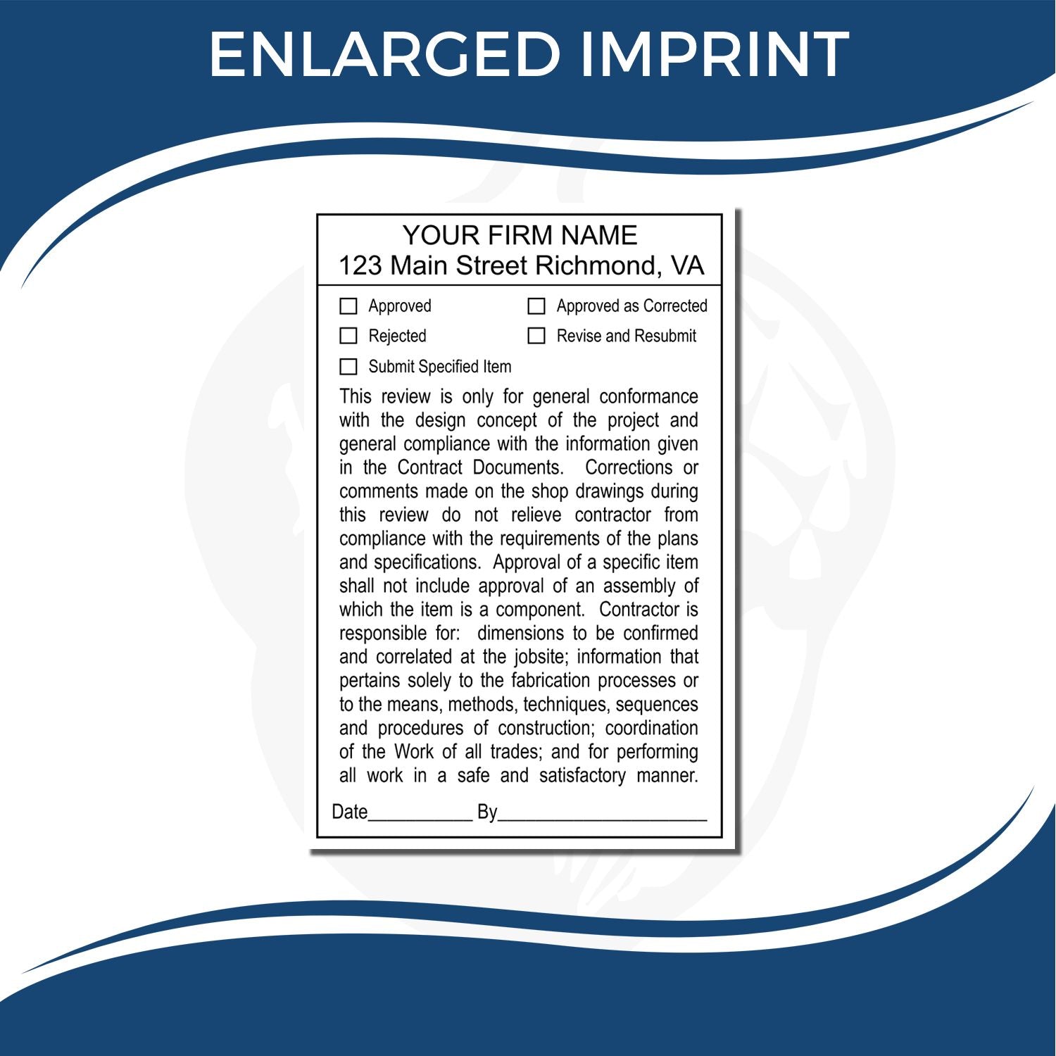 Enlarged imprint construction submittal review stamp template with firm name, address, approval checkboxes, and signature lines