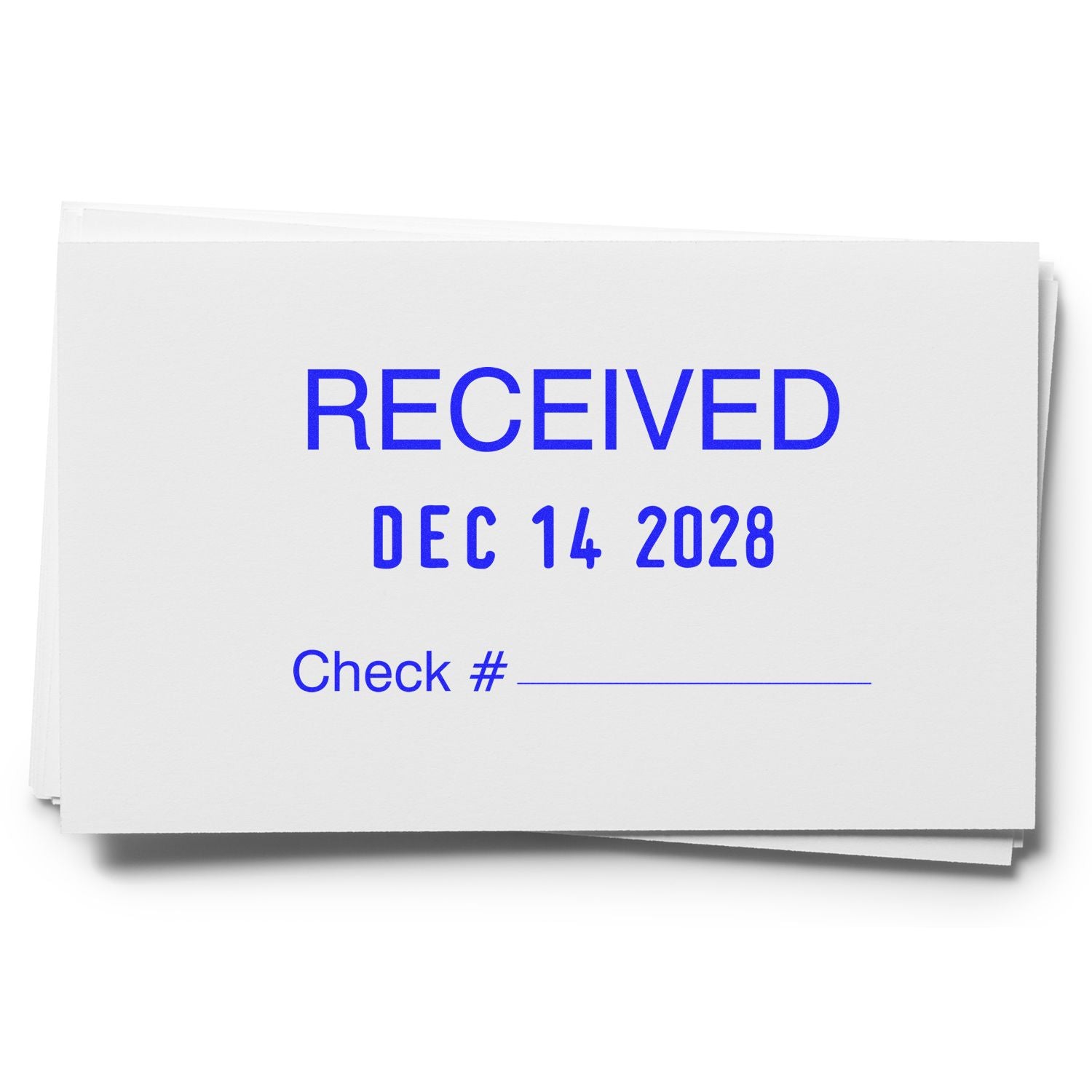 Blue RECEIVED stamp on check receipt paper with date Dec 14, 2028 and check number line.