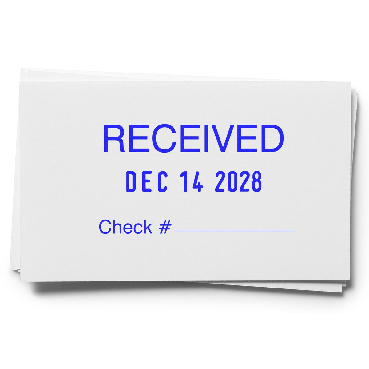 Stack of received check receipts stamped Dec 14, 2028 with check number line on white paper.