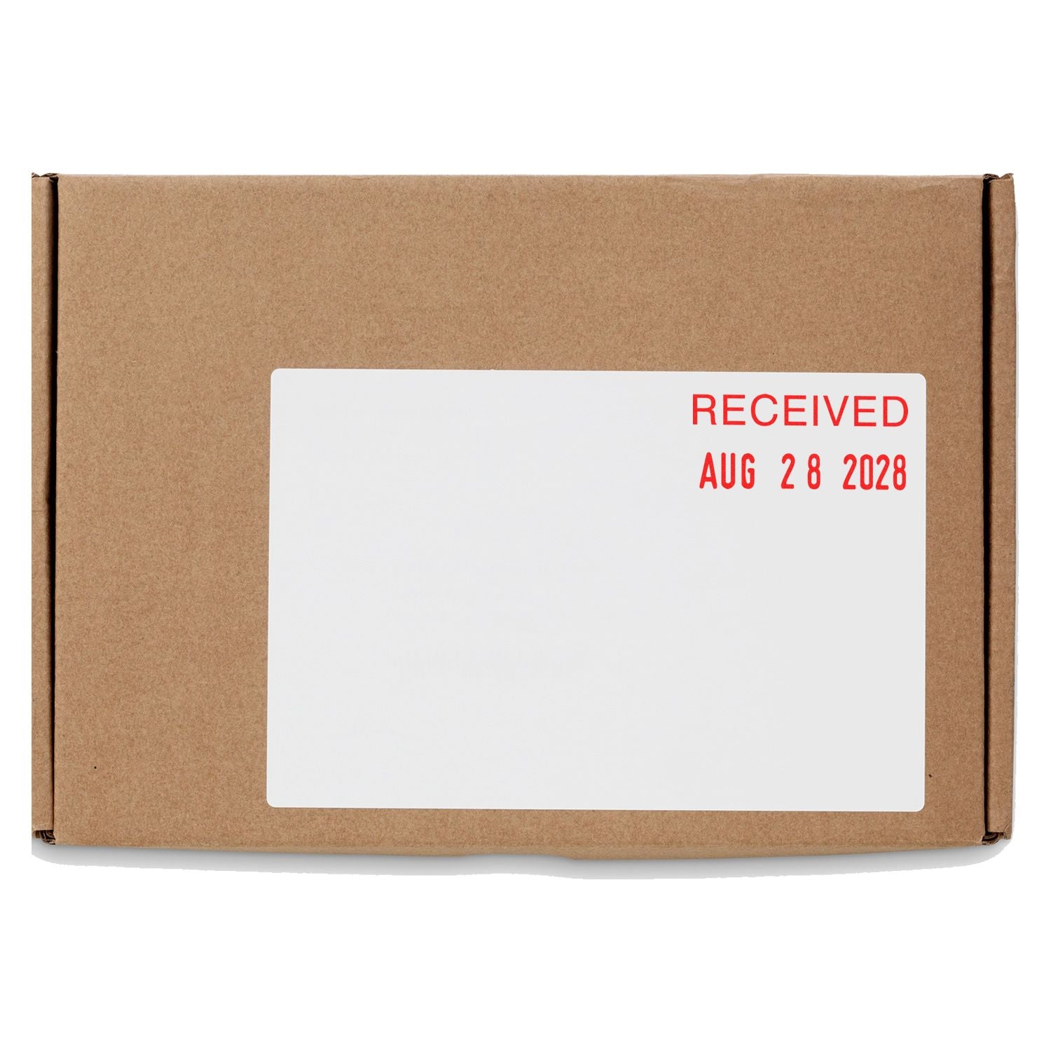 Brown cardboard shipping box with white mailing label and red received date stamp.