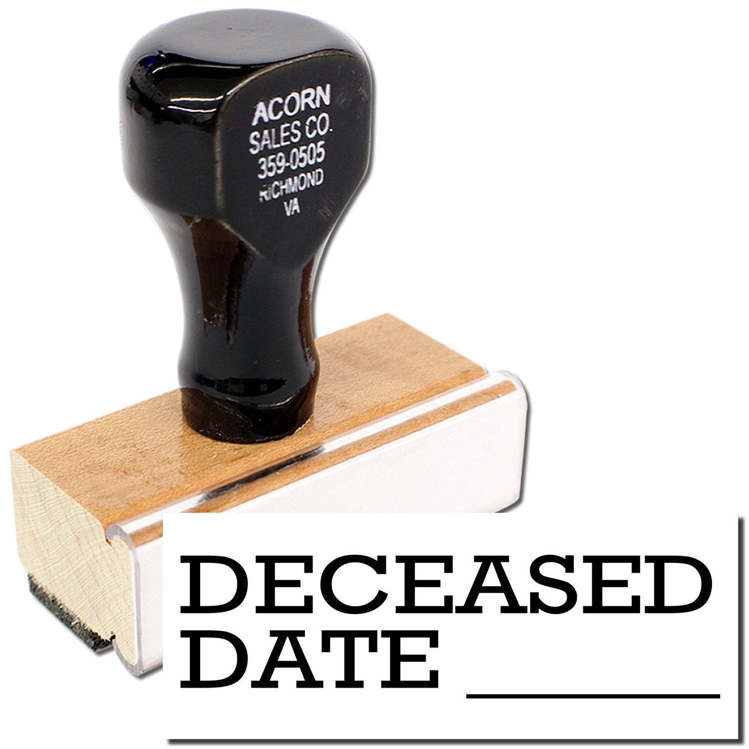Deceased Date rubber stamp with black ink and wooden base, Acorn Sales Co., for marking death dates on vital records and certificates.