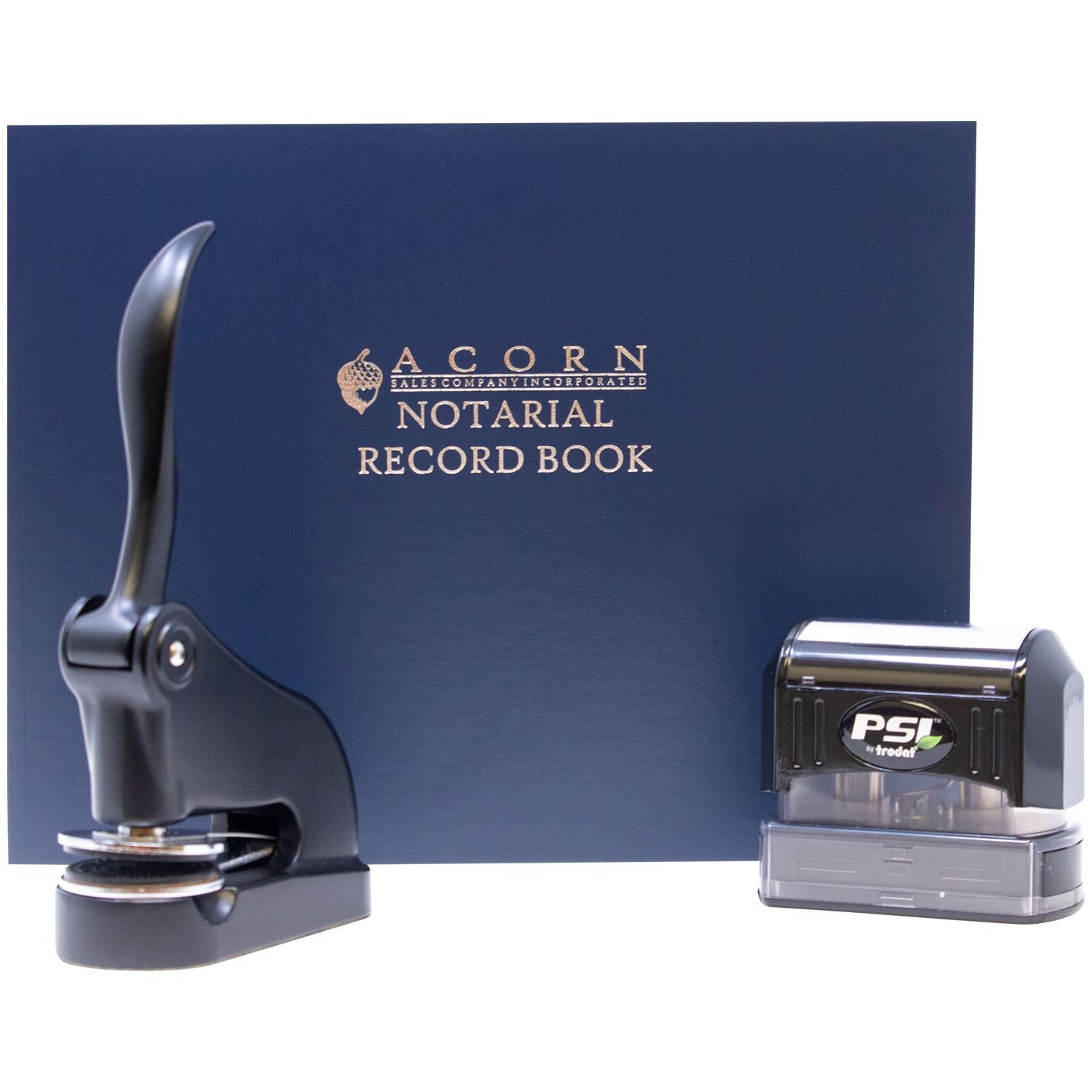 Acorn Sales Company notarial record book with embosser and PSI self-inking stamp for notary public records.