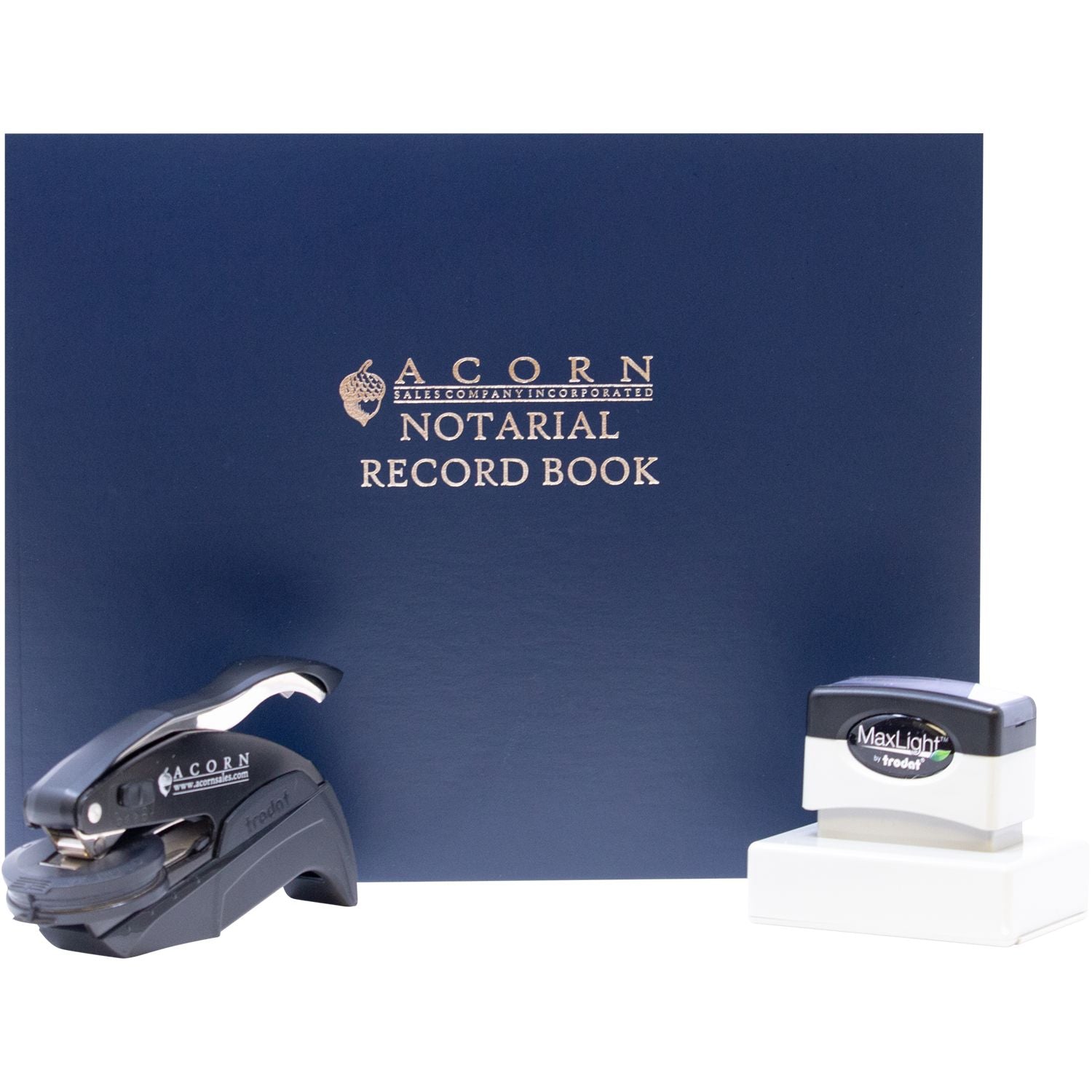 Acorn notarial record book with stapler and self-inking stamp for professional office notarization.