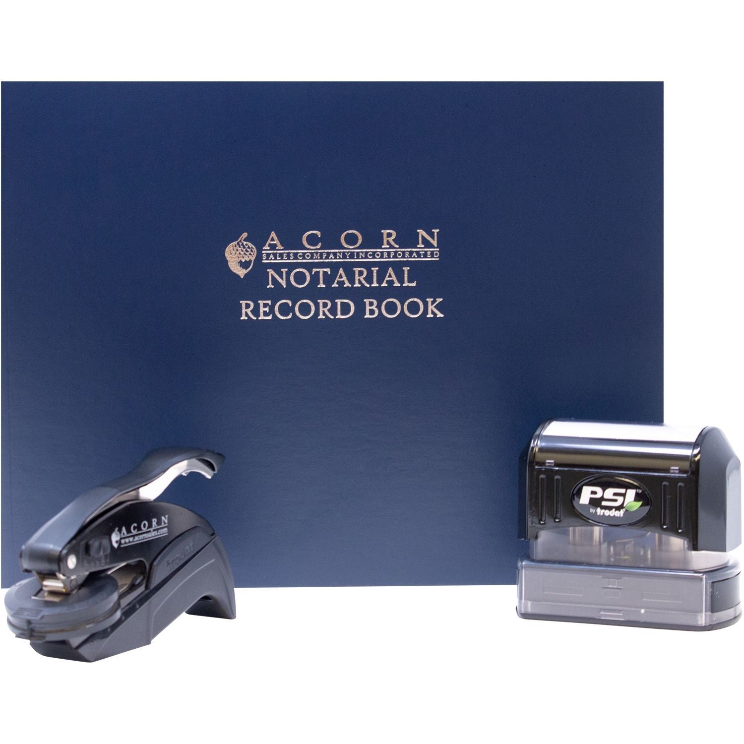Acorn Notarial Record Book with notary stamp embosser and PSI by Trodat seal for professional notarization records.