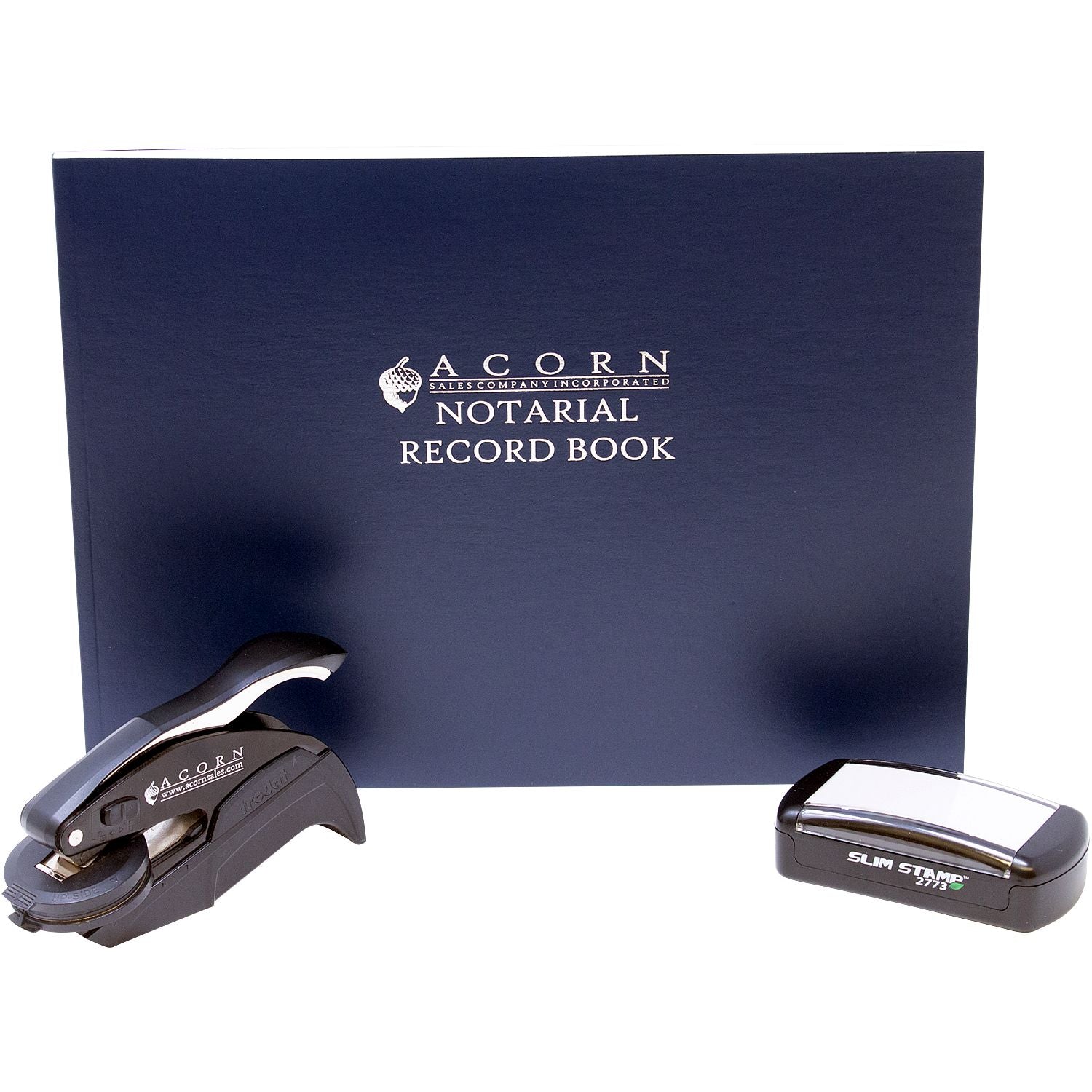 Acorn notarial record book with self-inking notary stamp and slim stamp on a white background